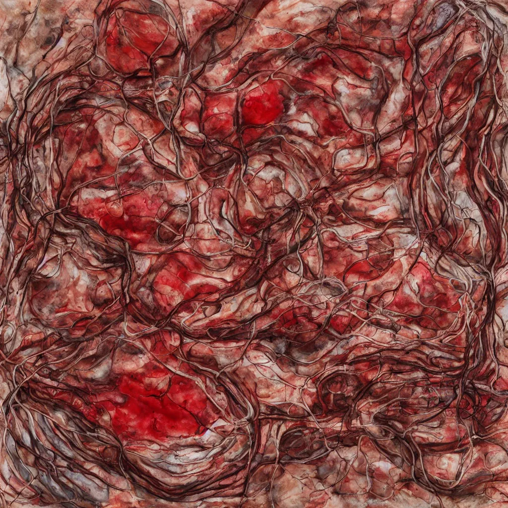 Prompt: a mixed media painting of veins, wires, viscera, tanned leather, and red meat. abstract surrealism.