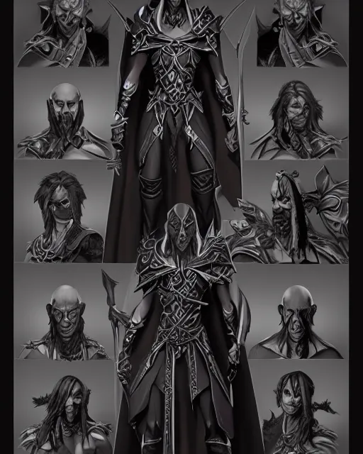 Prompt: hd character concept design reference art of % xenvas xerulas %, a dark elf drow elf blackguard paladin of conquest / shadow sorcerer, photorealistic digital art, character illustration, character art, hd, face portrait, high detail, by wayne reynolds, by steve prescott, by angus mcbride, full character body and face