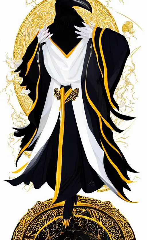 Image similar to raven headed male warlock doing wind magic, white and gold robes, exquisite details, full body character design on a white background, by studio muti