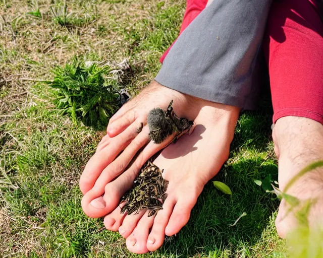 Prompt: mr robert is drinking fresh tea, smoke weed and meditate using his feet in a garden from spiral mug, he has dark grey hairs, detailed glad face, chest legs, visible belly, happy toes, golden hour closeup photo, red elegant shirt, eyes wide open, ymmm and that smell