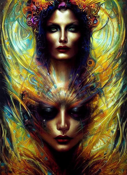 Image similar to magic enlightened cult psychic enchanted woman, painted face, third eye, energetic consciousness psychedelic, epic surrealism expressionism symbolism, perfect, by karol bak, louise dalh - wolfe, masterpiece