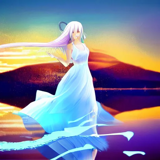 Prompt: advanced digital anime art, girl with long sky blue hair wearing a white dress swirling while standing in the middle of a lake twirling the water around her. —W 2048 —H 1080