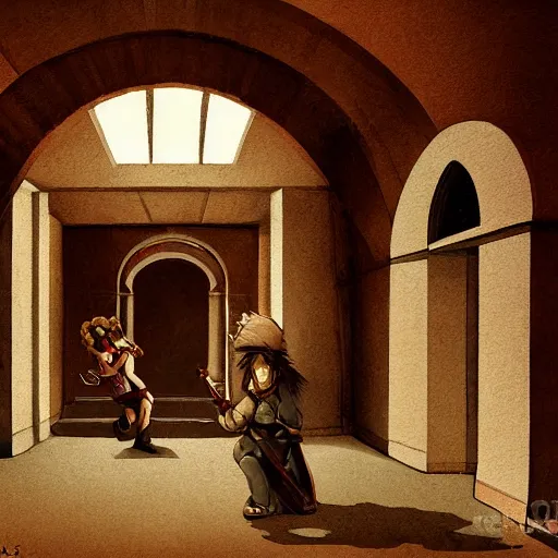 Image similar to adventurers caught in a trap, brick hallway, arched ceiling, chiaroscuro, full color, high detail, digital illustration