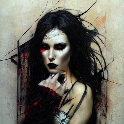 Image similar to beautiful goth girl, tension, graphic novel, charcoal art, angry, by karol bak