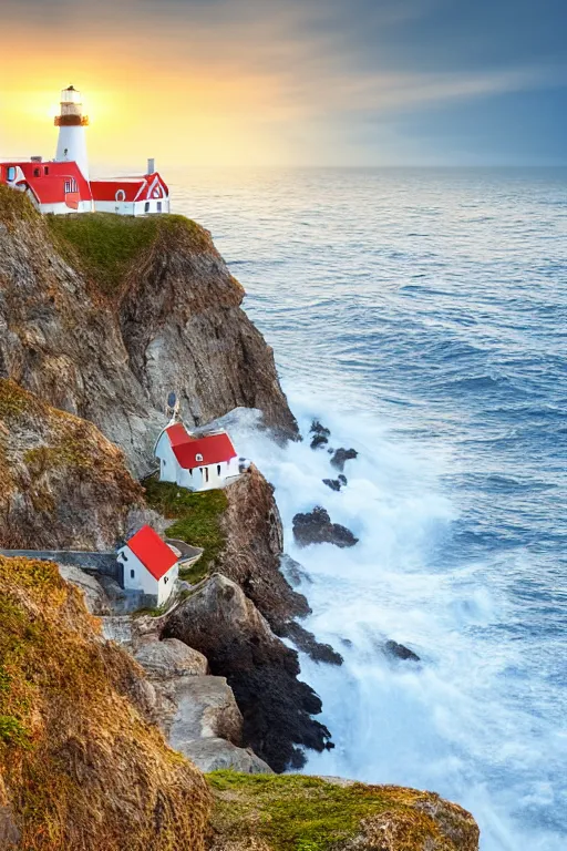 Prompt: lighthouse on a cliff with crashing waves, classic realism, blue hour