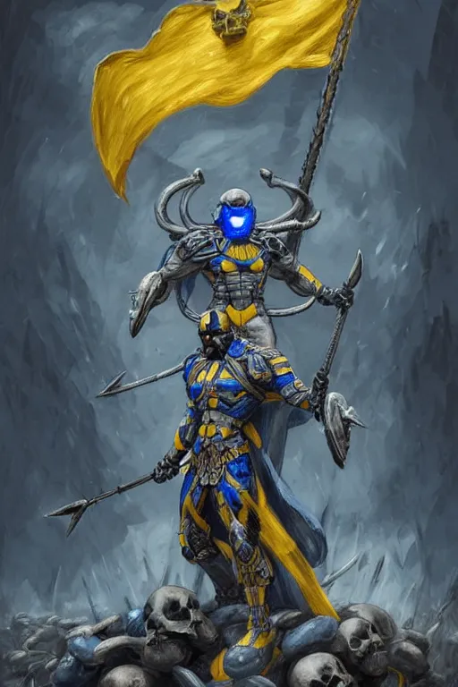 Image similar to a distant shot of one!!!!! single super soldier with blue and yellow flag and a trident symbol standing alone on a huge pile of skulls as a winner, masculine figure, D&D, fantasy, intricate, elegant, highly detailed, extremely detailed, digital painting, artstation, concept art, matte, smooth, sharp focus, illustration, art by Artgerm and Greg Rutkowski and Alphonse Mucha