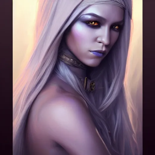 Prompt: portrait of a beautiful drow, ranger, Alexandria's genesis, chin-length hair, bored, illustration, soft lighting, soft details, hyper realism, high detailed, painting oil on canvas by mark arian by artgerm, trending on artstation, 4k, 8k, HD