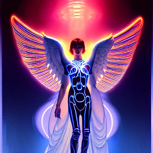 Prompt: tron angel, psychedelic lsd, diffuse lighting, hyper realistic, elegant, intricate, hyper detailed, smooth, sharp focus, concept art, illustration, trending on artstation, art by john collier, artem demura, greg rutkowski, james gurney, and alphonse mucha