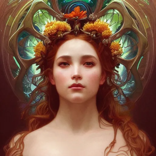 Image similar to ! dream portrait of gaea goddess, intricate, elegant, highly detailed, digital painting, artstation, concept art, smooth, sharp focus, illustration, art by artgerm and greg rutkowski and alphonse mucha and william - adolphe bouguereau, and marco mazzoni