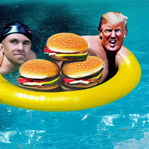 Prompt: Donald trump swimming in a pool filled with McDonalds hamburgers, award winning photograph, 4k, 400mm