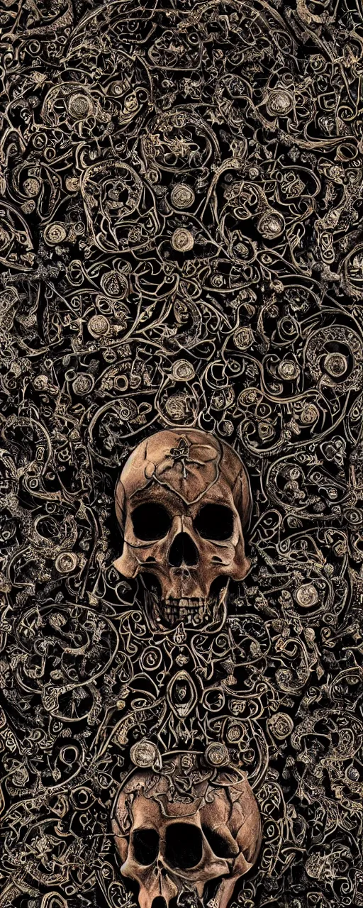 Prompt: photographic The Catacombs of Paris, black paper, bringer of glowing light and life and death, skull, mystical, intricate ornamental oriental tower floral flourishes, copper, steel, emerald, diamond, amethyst, glass, octane, 8k insane detail