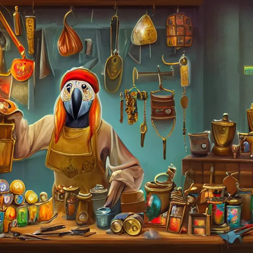 Image similar to Anthropomorphized parrot trader in his shop, selling his wares, portrait, items, gold, magic potions, carpet, window, sly expression , cunning expression, cute expression, long thick shiny gold beak, presenting wares, holding a gold bag, D&D, fantasy, cinematic lighting, highly detailed, digital painting, artstation, concept art, smooth, sharp focus, illustration, warm light, cozy warm tint, magic the gathering artwork, volumetric lighting, 8k, art by Akihiko Yoshida, Greg Rutkowski