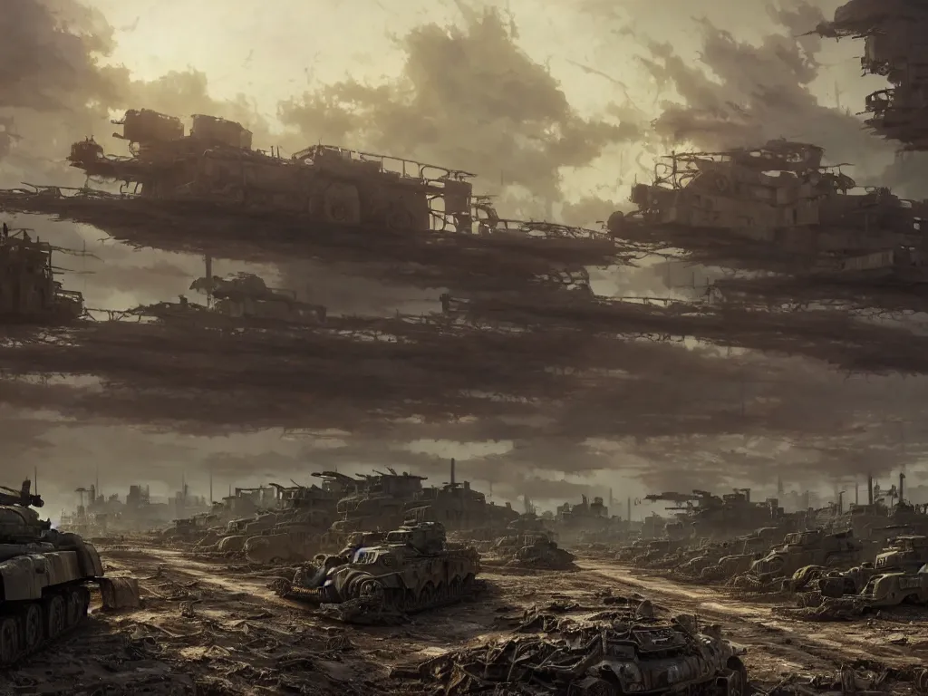Image similar to a highly detailed matte painting of a post apocalyptic irradiated warzone with broken world war one tanks and discarded power armor, by studio ghibli, makoto shinkai, by artgerm, by wlop, by greg rutkowski, volumetric lighting, octane render, 4 k resolution, trending on artstation, masterpiece
