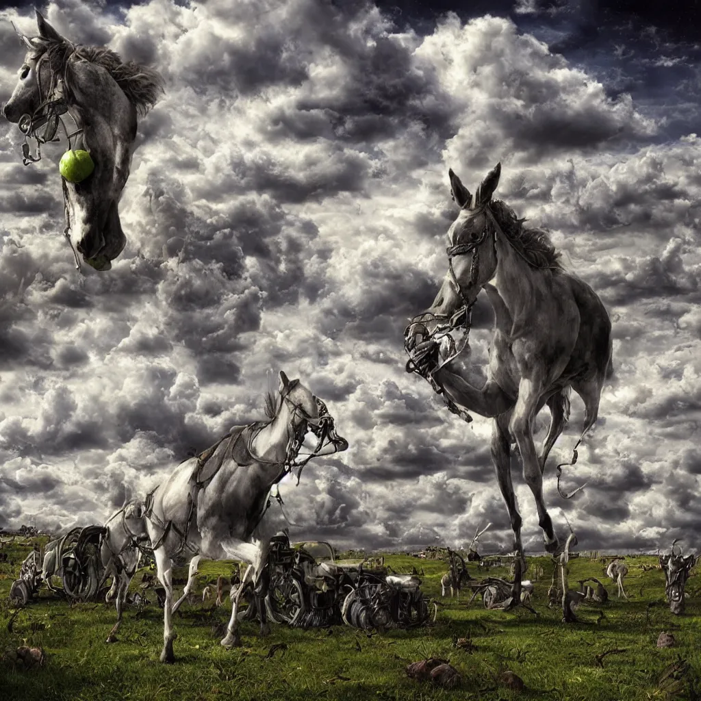 Image similar to mule, apocalypse, surreal, trippy, highly detailed digital art, clouds, limes, serene