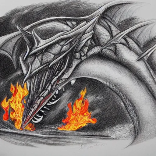 Image similar to firefighters against a fire - breathing dragon, pencil art, fire, colorful