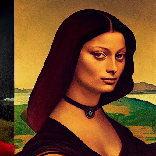 Image similar to painting of Margot Robbie posed in the style of ‘Leonardo Da Vinci's Mona Lisa’, hyperrealistic, moody lighting, golden hour