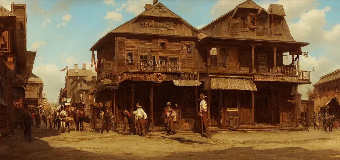 Prompt: from a movie scene, painting of a western saloon exterior in old town, andreas achenbach, cinematic wide shot