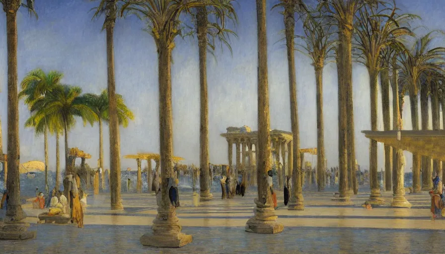 Image similar to a ultradetailed beautiful painting of the night sky of the amazonas palace balustrade designed by jules bastien - lepage, tarsila do amaral, frank weston and gustave baumann, beach, trending on artstation, mediterranean, palm trees, sharp focus, giant greek columns, soft light, 8 k 4 k