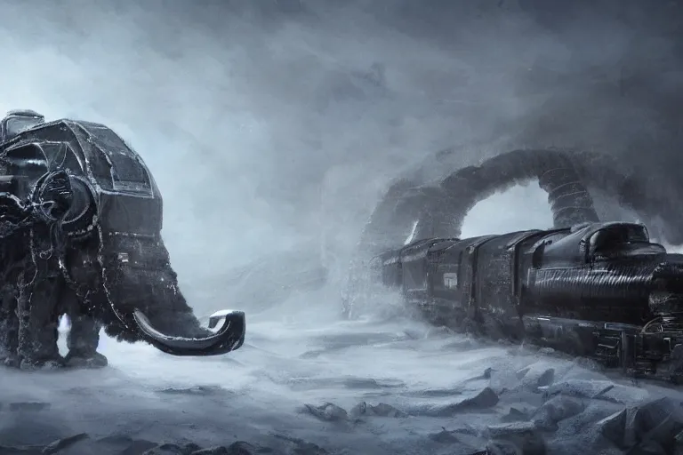 Image similar to an intricate futuristic black steam train and a giant mammoth, post - apocalyptic ice landscape in snowstorm, concept art, artstation, highly detailed, digital art