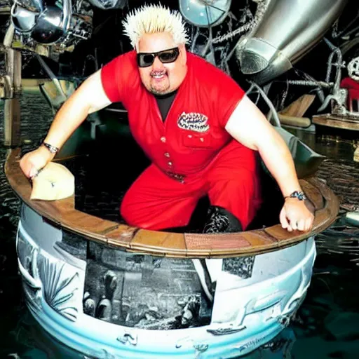 Image similar to guy fieri in the bathysphere trieste at the bottom of the marianas trench