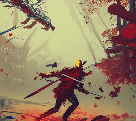 Prompt: swordfight in autumn rain, epic scene, by victo ngai, kilian eng vibrant colours, dynamic lighting, concept art, winning award masterpiece, fantastically beautiful, illustration trending on artstation, art by greg rutkowski, 8 k