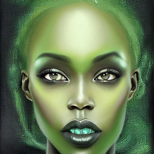 Prompt: a detailed matte oil on canvas head on symmetrical portrait of black skinned woman with long white and ( ( ( pale green ) ) ) hair, clothed by charlie bowater, lise deharme, wlop, trending on artstationhd, dungeons and dragons art critical role