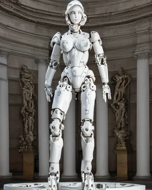 Image similar to marble sculpture of beautiful female angel with solarpunk mecha humanoid robotic parts with bright led lights, pudica pose gesture, by michelangelo, in white museum, ultra - realistic and intricate, hdr 8 k