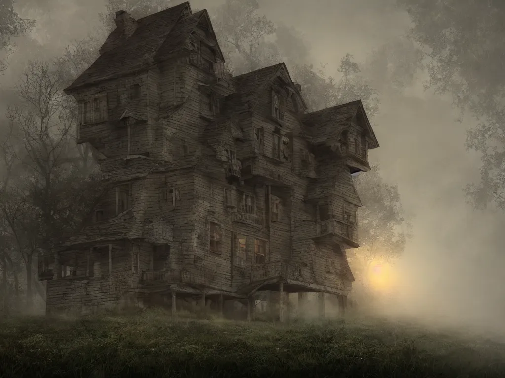 Image similar to house on the hounted hill, horror, creepy, surreal, dreamscape, high quality, ultradetailed, sharp, artstation, 4 k, volumetric fog