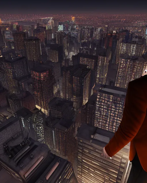 Prompt: an unreal engine 3d render of a night rooftop scene, neon lights in the city below, close up shot of a photorealistic gangster wearing a trench coat looking at the city below, global illumination, hyper realism