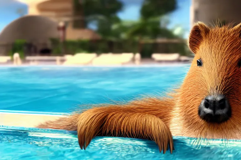 Image similar to a photo of 8k a cute capybara relaxing at the pool, cinematic lighting, trending on artstation, 4k, hyperrealistic, focused, extreme details, unreal engine 5, cinematic, masterpiece