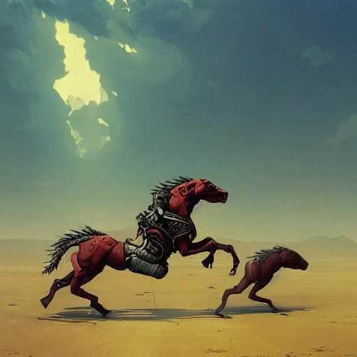 Image similar to carnivorous cyborg horses galloping across a blasted plain. c. leyendecker, simon stalenhag, studio ghibli, barlowe, audobon and beksinski