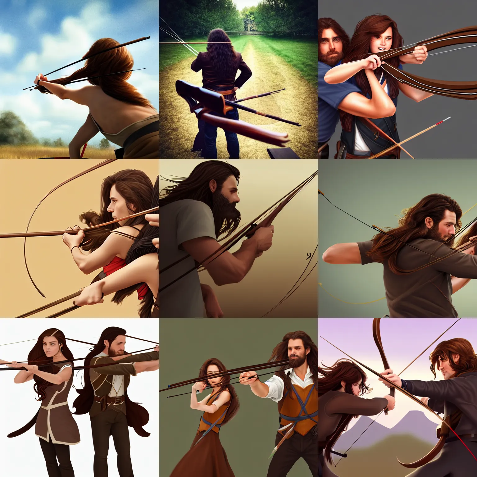 Prompt: over the shoulder shot of a man and woman with long brown hair shooting a bow side by side, trending on artstation