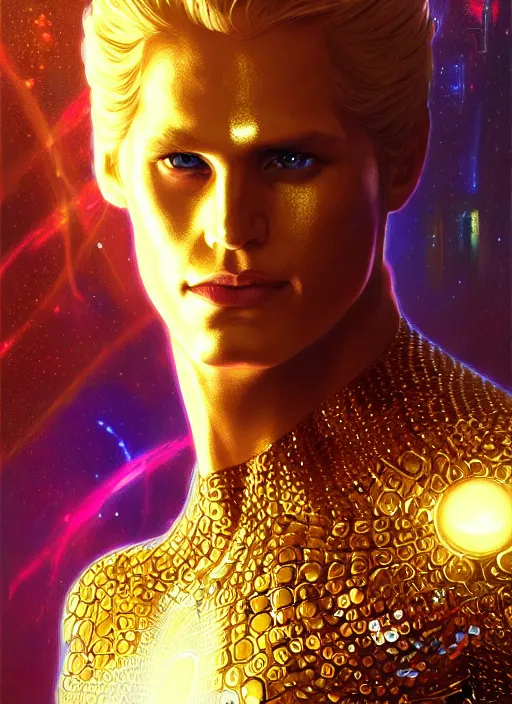 Image similar to portrait of Marvel's Adam Warlock, gold sci-fi armour, tech wear, glowing lights!! sci-fi, intricate, elegant, highly detailed, digital painting, artstation, concept art, smooth, sharp focus, illustration, art by artgerm and greg rutkowski and alphonse mucha