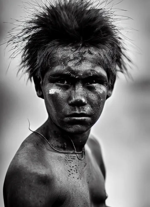 Image similar to Award winning Editorial photo of a Native Nauruans with incredible hair and beautiful hyper-detailed eyes wearing traditional garb by Lee Jeffries, 85mm ND 5, perfect lighting, gelatin silver process