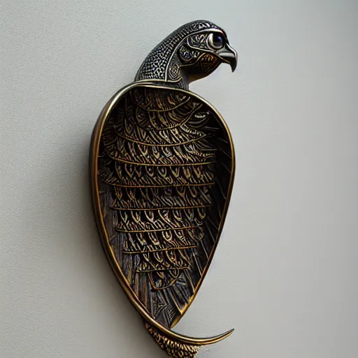 Prompt: gorgeous ornated bronze realistic detailed arabic falcon office decoration with filigree,