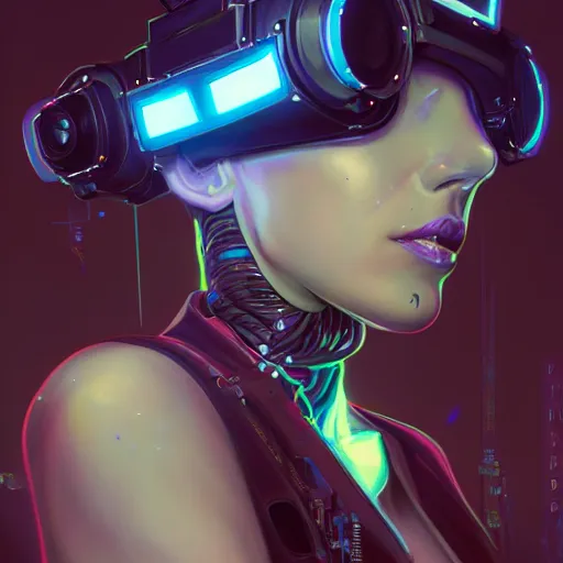 Image similar to portrait of a beautiful cybernetic punk girl wearing a oculus rift headset, cyberpunk concept art by pete mohrbacher and artgerm and wlop and deathburger and syd mead, digital art, highly detailed, intricate, sci-fi, neon colors, sharp focus, Trending on Artstation HQ, deviantart, unreal engine 5, 4K UHD image