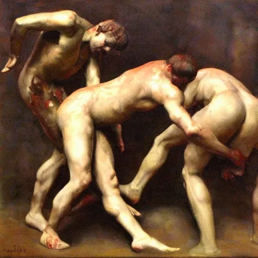 Prompt: 3 drunks fall over mud - wrestling,, oil painted ( ( ( ( ( ( by rodin ) ) ) ) ) )