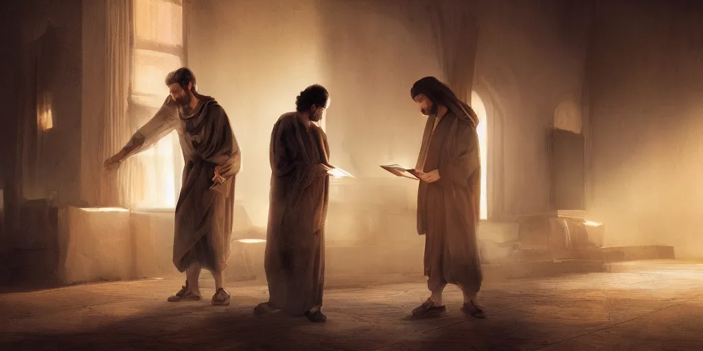 Image similar to full - length pose, super realistic art god gives scripture to his prophet, deep shadows, deep color, muted gamut, slightly dark colors, cinematic lighting, digital art, 8 k resolution, sharp focus