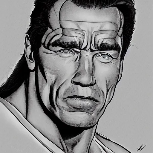 Prompt: portrait arnold schwarzenegger by yusuke murata and masakazu katsura, artstation, highly - detailed, cgsociety, pencile and ink, city in the background, dark colors, intricate details h 7 0 4