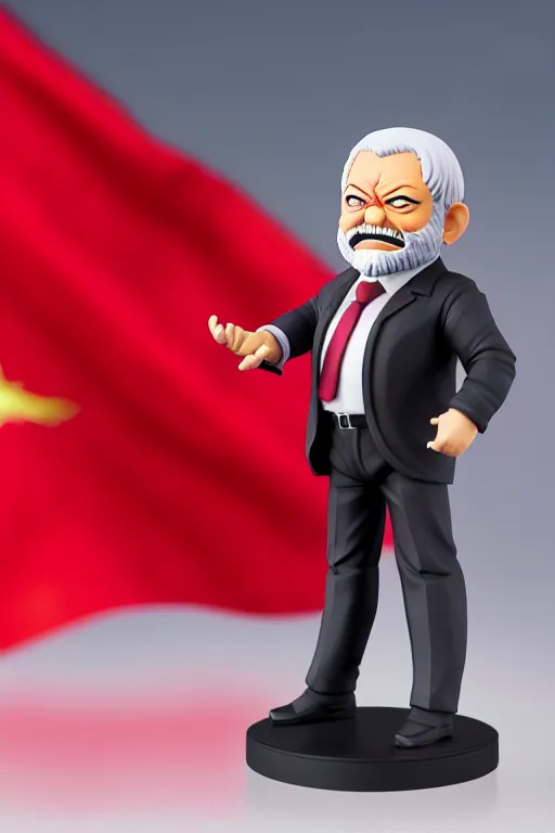 Prompt: still high quality figurine of president lula with a red flag, tsurime eyes, tareme eyes, personification, dynamic pose, detailed product photo, featured on amiami, tone mapped, beautiful composition, 8 5 mm, f. 1 4