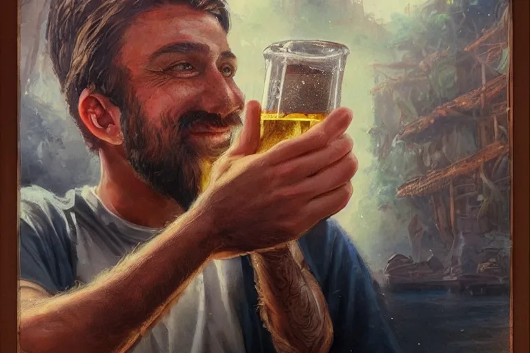 Image similar to a young man holding a beer giving a thumbs up with a long beard, 80s poster, detailed, uncropped, painted by Bastien Lecouffe-Deharme