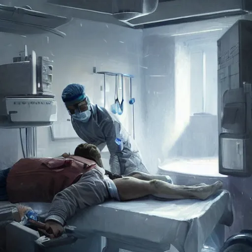 Image similar to A surgeon desperately trying to save his patient, oil painting by Cedric Peyravernay, highly detailed, cinematic concept art, dramatic lighting