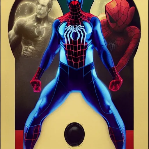 Image similar to ryan reynolds as a black and blue suit spider - man, cinematic, volumetric lighting, f 8 aperture, cinematic eastman 5 3 8 4 film, photorealistic by greg rutkowski, by stanley artgerm, by alphonse mucha