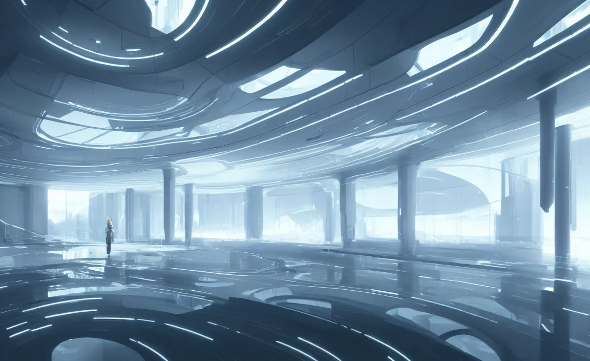 Prompt: a hall with transparent glass, white color scheme, future science fiction. game cg, hyperdetailed, trending on cgsociety