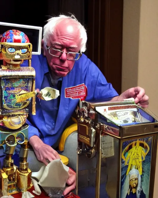 Prompt: bernie sanders as zoltar fortune teller, animatronic robot, coin - operated machine