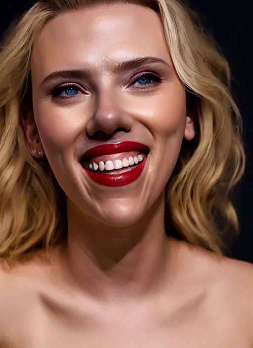 Image similar to scarlett johansson smiling at the camera while putting makeup on her face, real photo, photoshooting, studio light, black background, intricate, epic lighting, cinematic composition, hyper realistic, 8k resolution, unreal engine 5