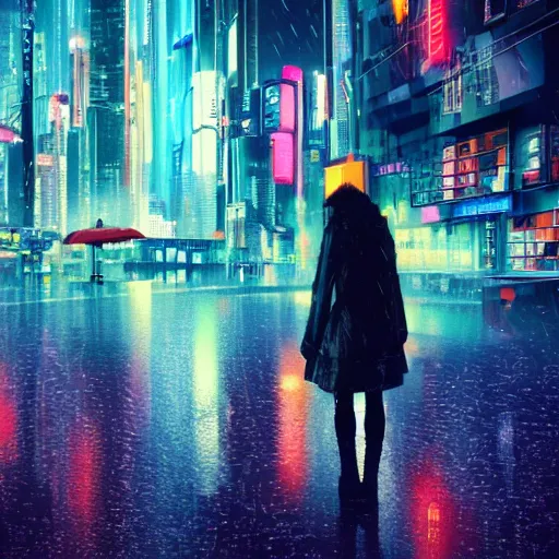 Prompt: cyberpunk city, woman in plastic coat, reflections, rain, neon, hyper realistic