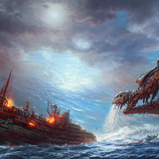 Prompt: a ship being destroyed by a sea monster, detailed, realistic, masterpiece, trending on ArtStation, by Tony Sart