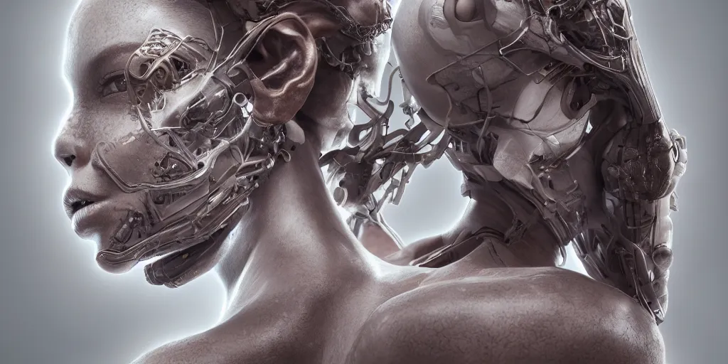 Image similar to hyper realistic photography of a beautiful cyborg female, intimate holding close, in the style of beth cavener, jin kagetsu, wlop, westworld, highly detailed, intricate filigree, symmetry, masterpiece, concept art, highkey lighting, ambient lighting, octane render, 8 k, artstation
