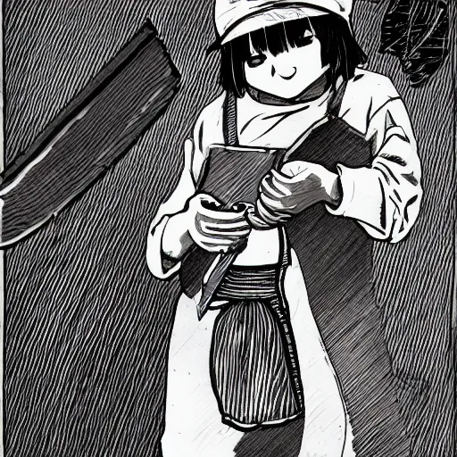 Prompt: a young boy holds a butcher's knife in their hand, anime style, drawn in black pen ink sketch